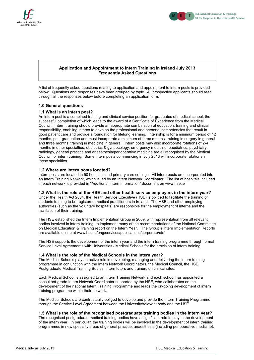 Application and Appointment to Intern Training in Ireland July 2013