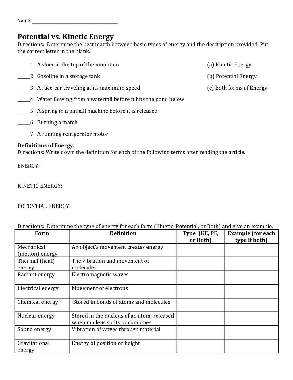 “Introduction To Energy” Worksheet