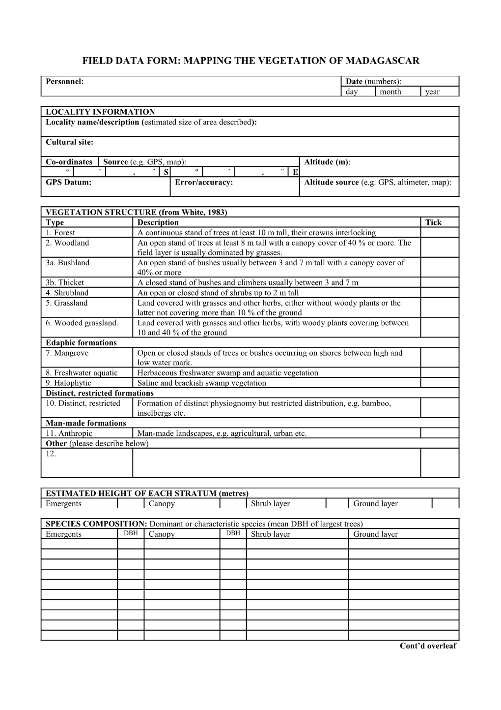 Field Data Form: Mapping the Vegetation of Madagascar