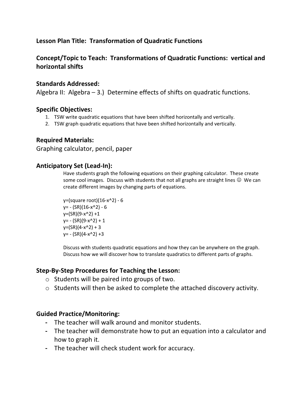 Lesson Plan Title: Transformation of Quadratic Functions