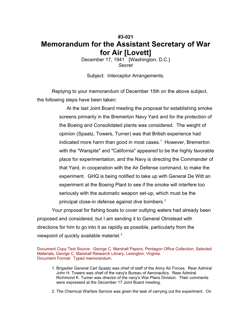 Memorandum for the Assistant Secretary of War for Air Lovett