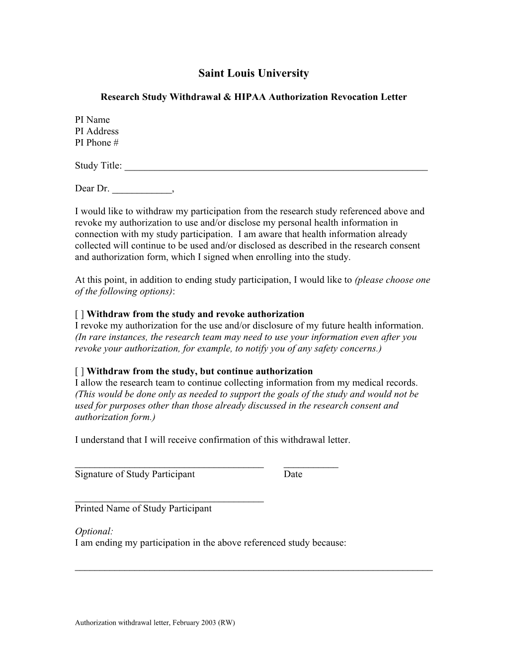 Authorization Withdrawal Letter