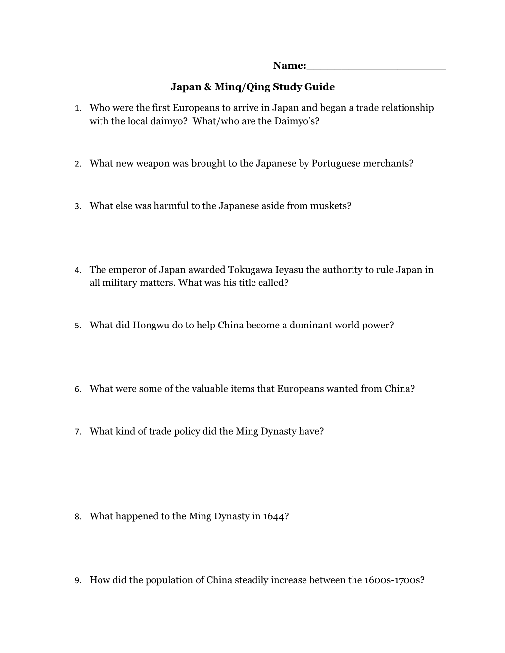 Japan & Minq/Qing Study Guide