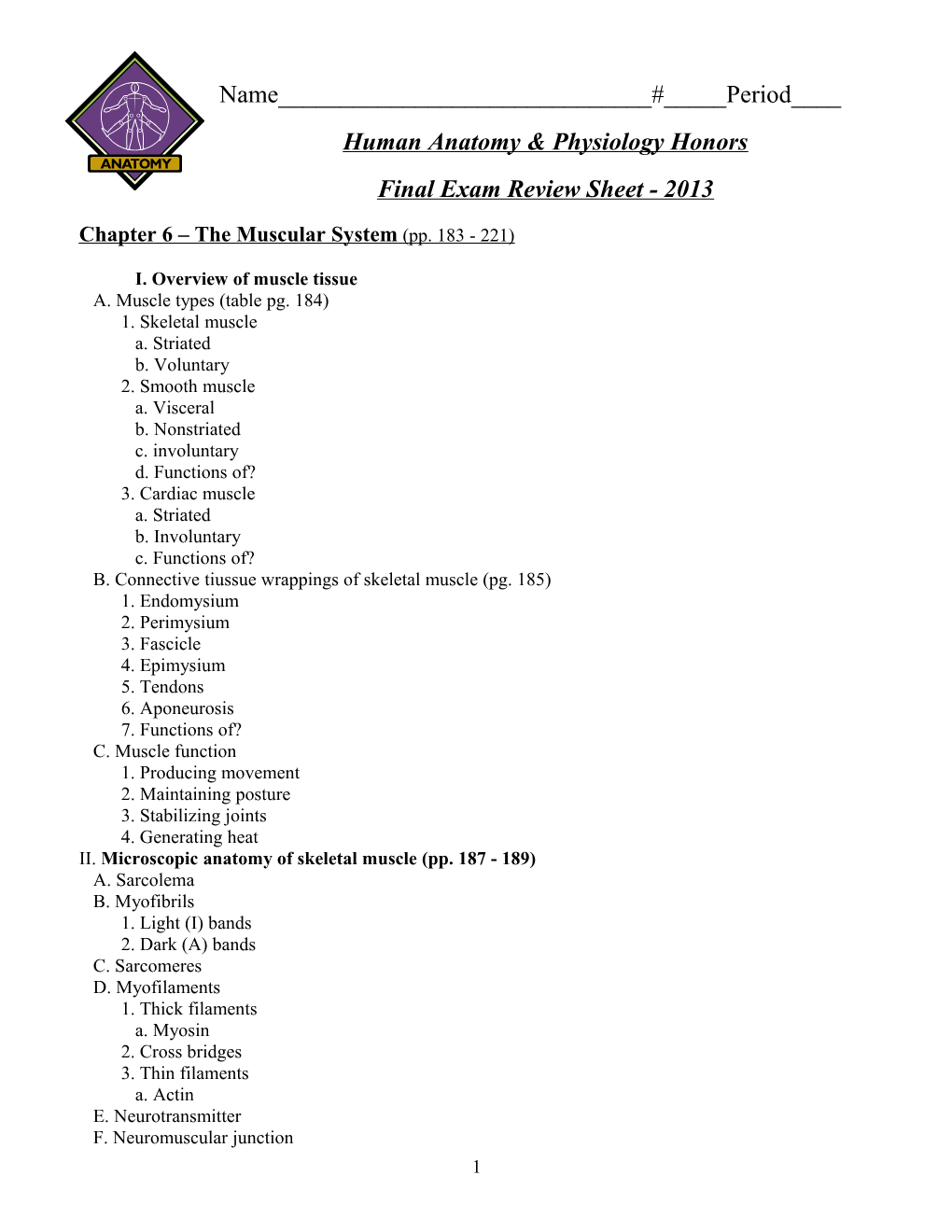 Human Anatomy & Physiology - Final Exam Review Sheet