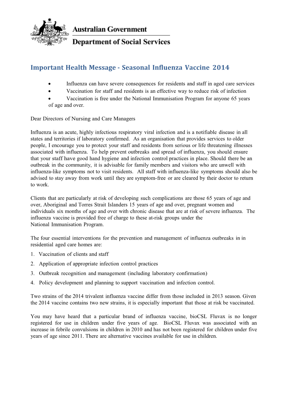 Important Health Message - Seasonal Influenza Vaccine 2014