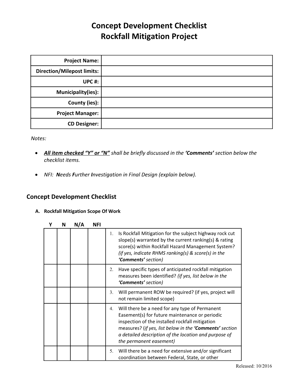 Limited Scope Concept Development Pavement Checklist