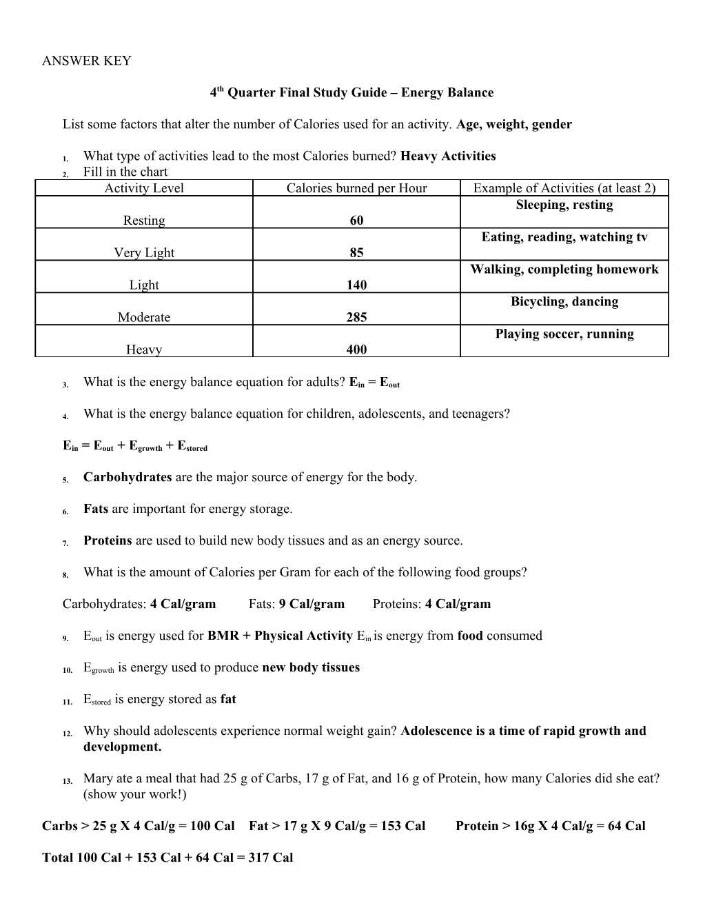 4Th Quarter Final Study Guide Energy Balance