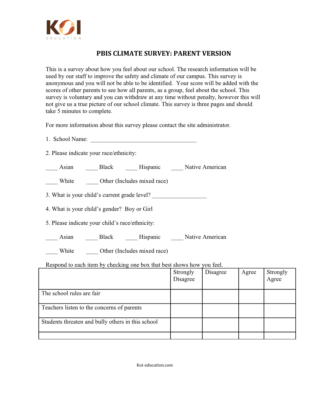 Pbis Climate Survey: Parent Version