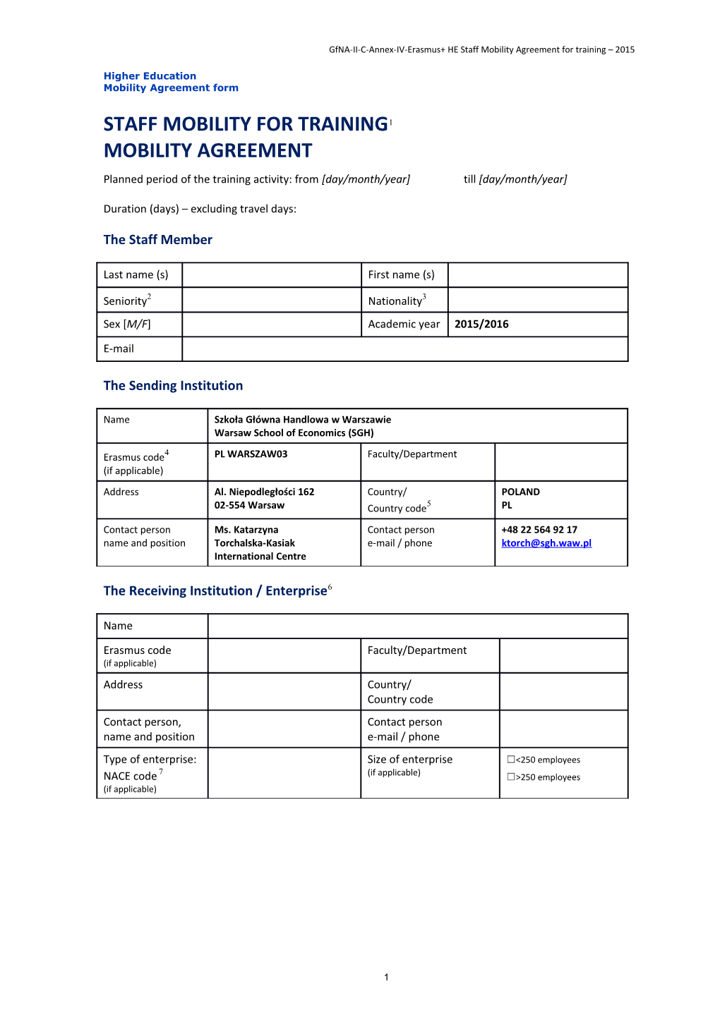 Wyjazd Zagraniczny Erasmus+: Training Agreement