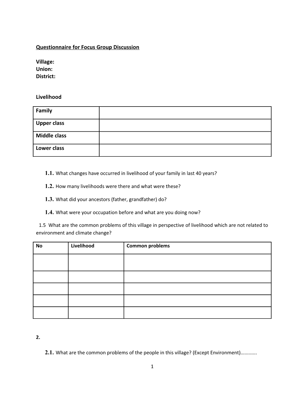 Questionnaire for Focus Group Discussion