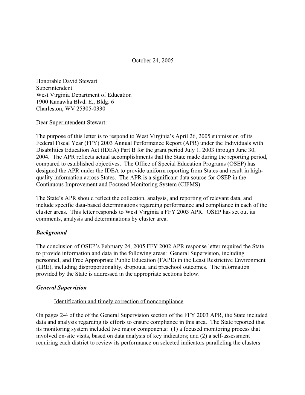 West Virginia Part B APR Letter for Grant Year 2003-2004 (Msword)