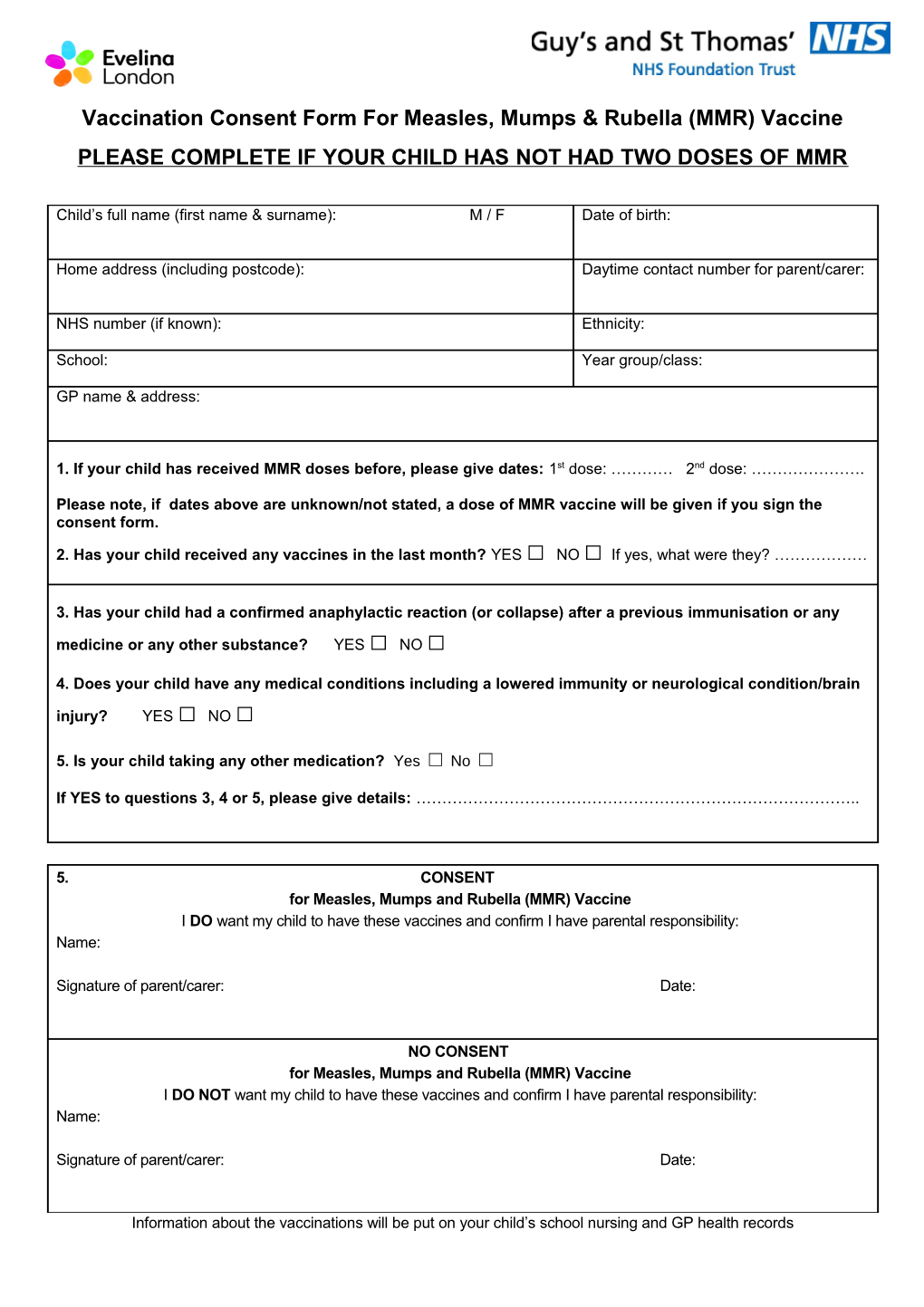 Vaccination Consent Form for Measles, Mumps & Rubella (MMR) Vaccine