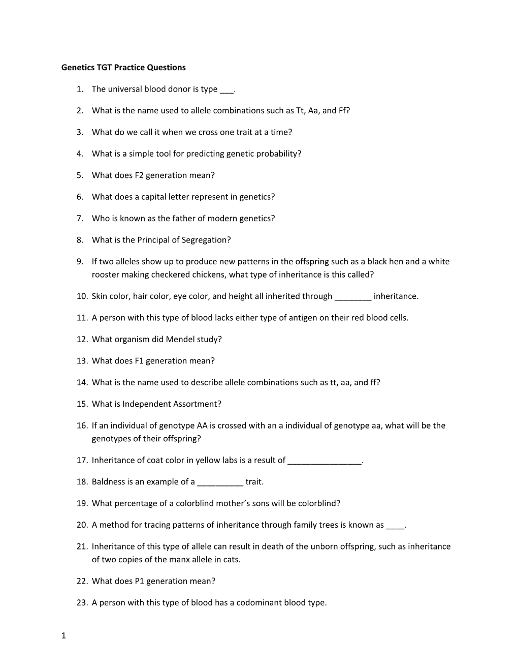 Genetics TGT Practice Questions