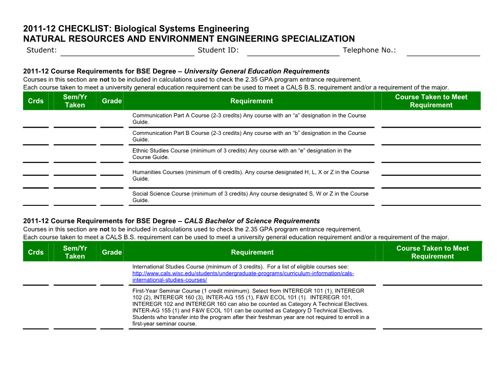 2011-12 CHECKLIST: Biological Systems Engineering