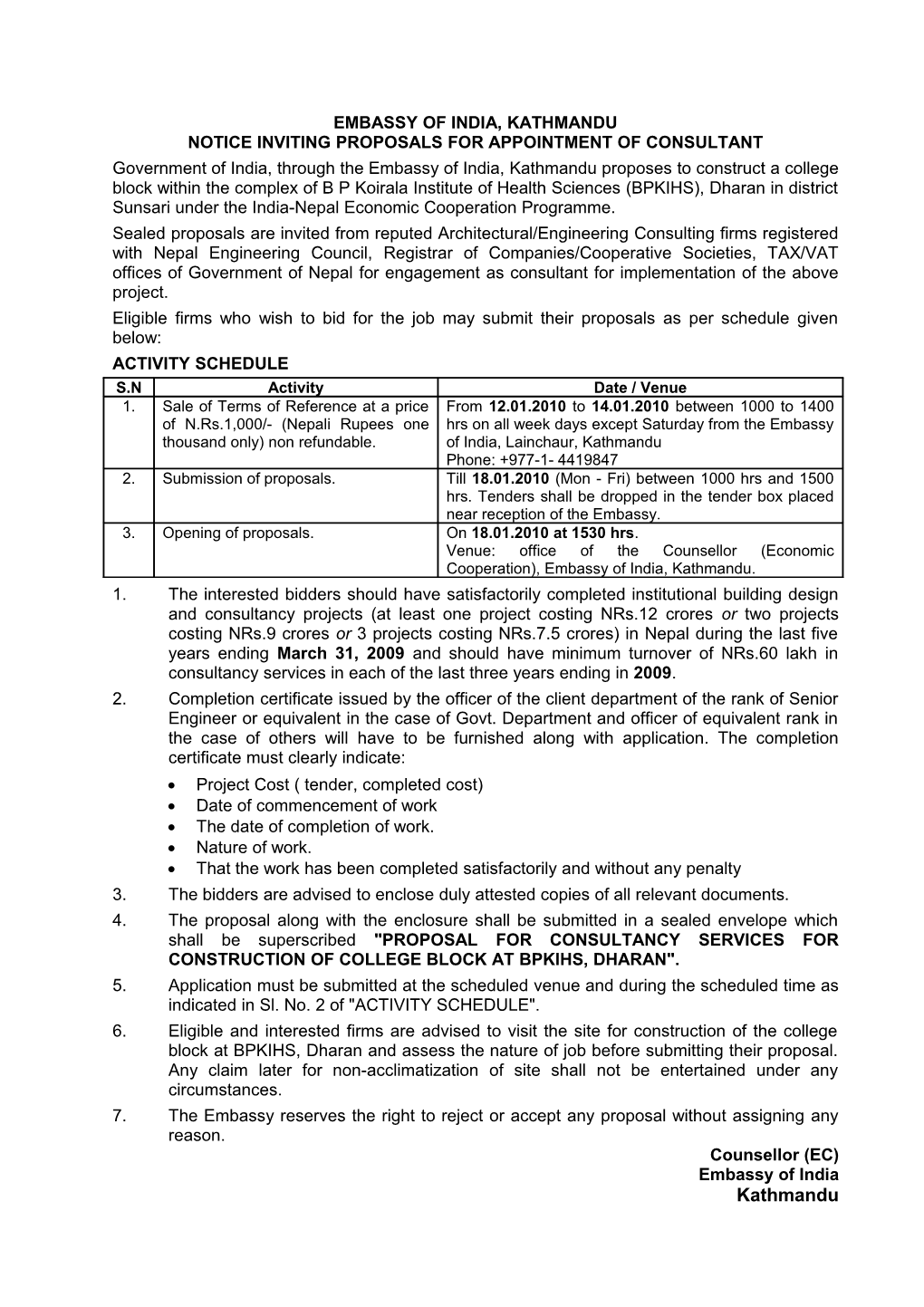 Notice Inviting Proposals for Appointment of Consultant