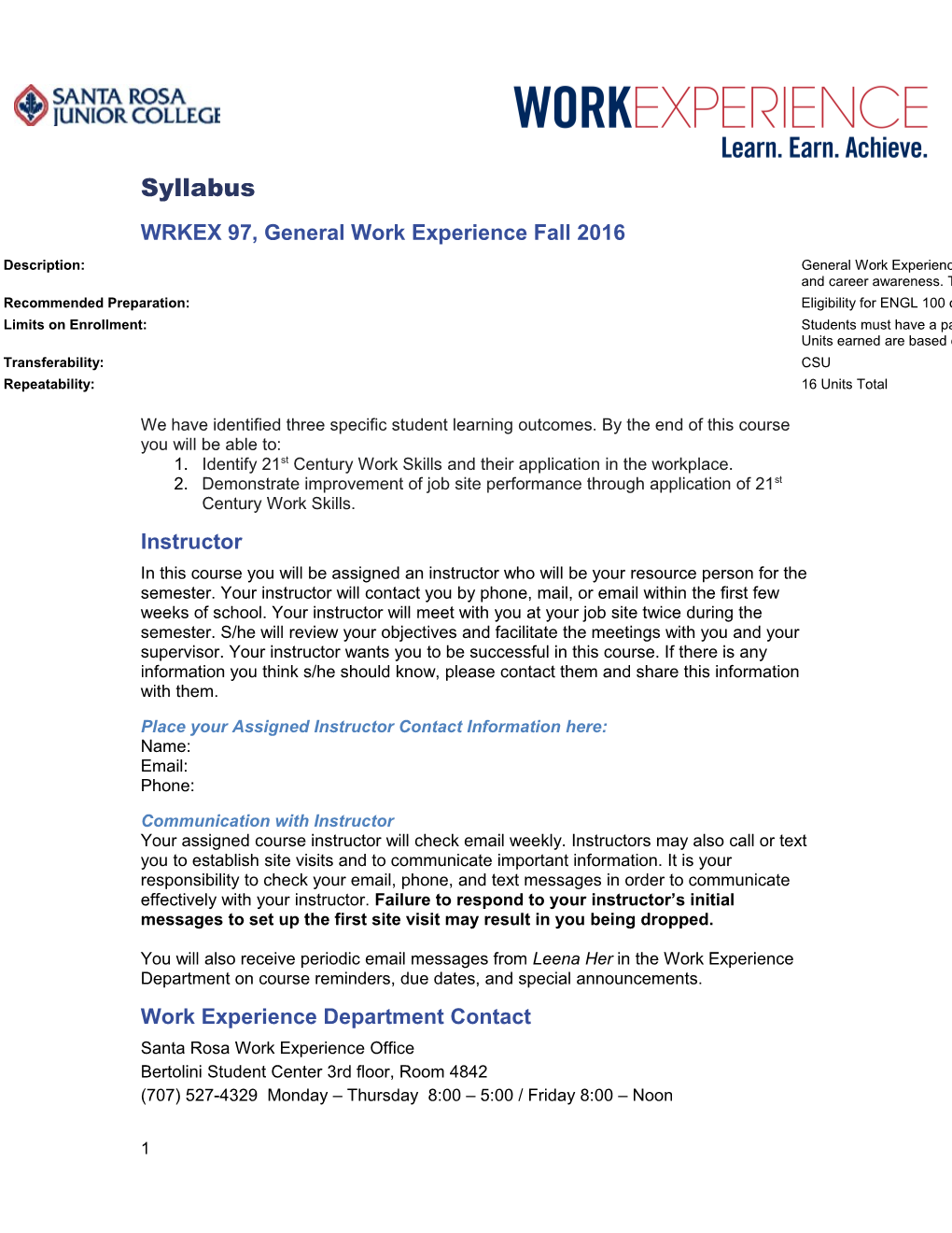 WRKEX 97, General Work Experience Fall 2016