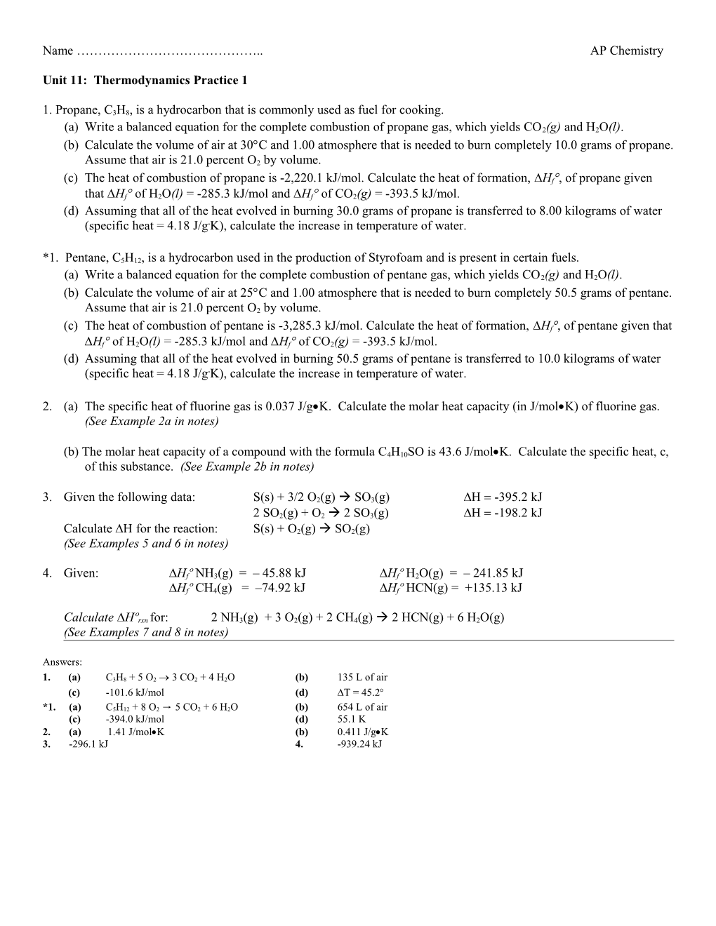 Unit 11: Thermodynamics Practice 1