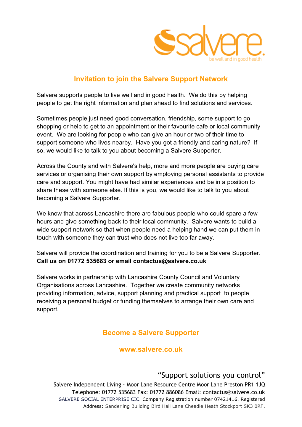 Advert for Salvere Support Network Volunteers