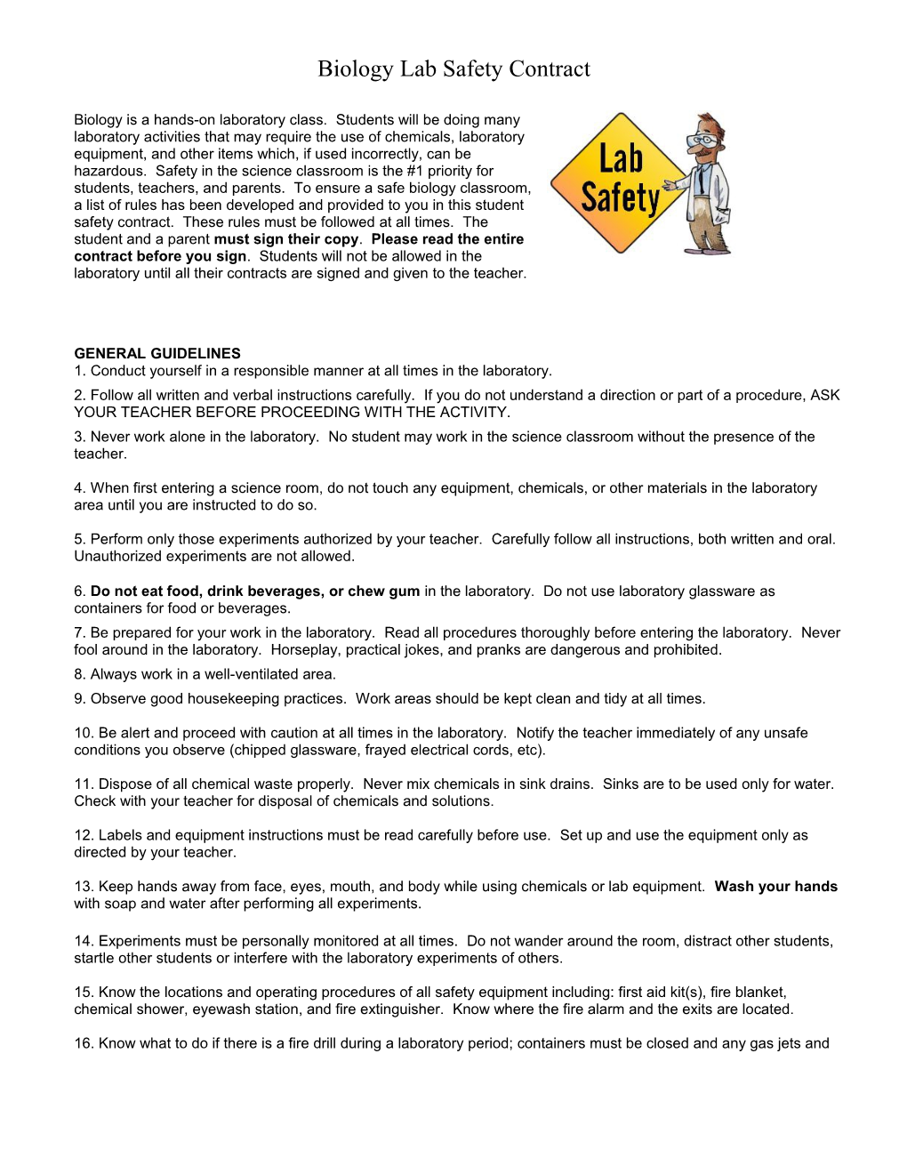 Biology Lab Safety Contract