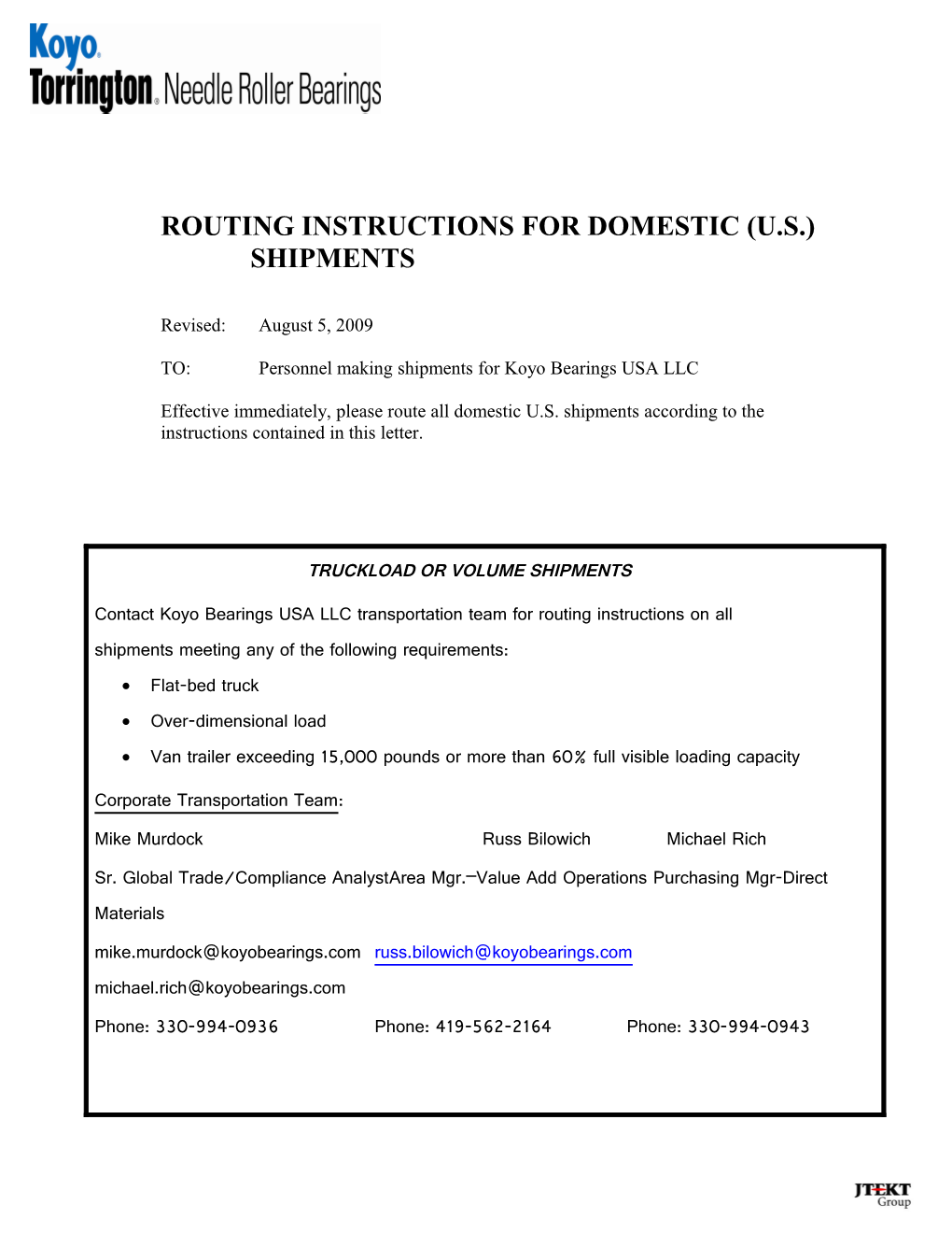 Routing Instructions for Domestic (U.S.) Shipments