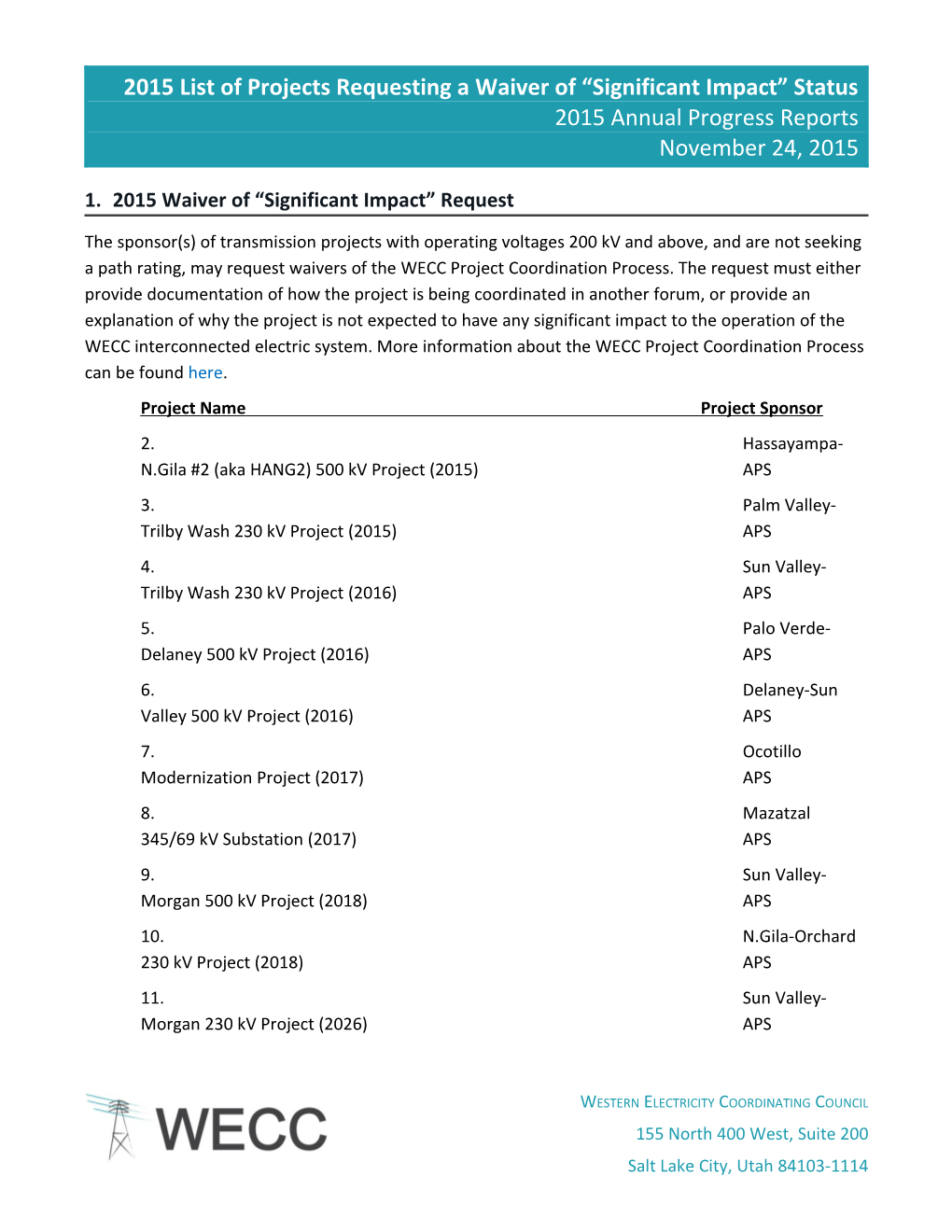 2015 Waiver of Significant Impact Request List