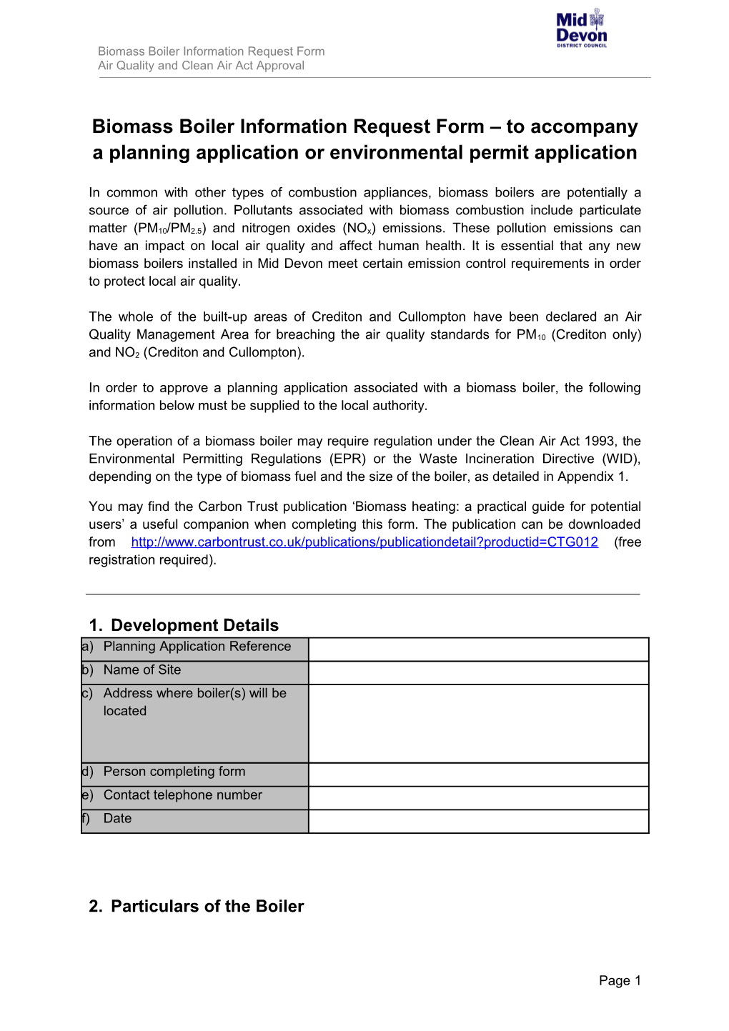 Biomass Boiler Information Request