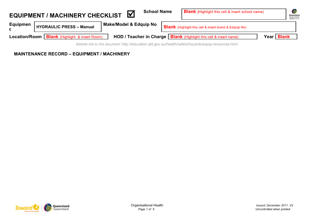 Maintenance Record Equipment / Machinery