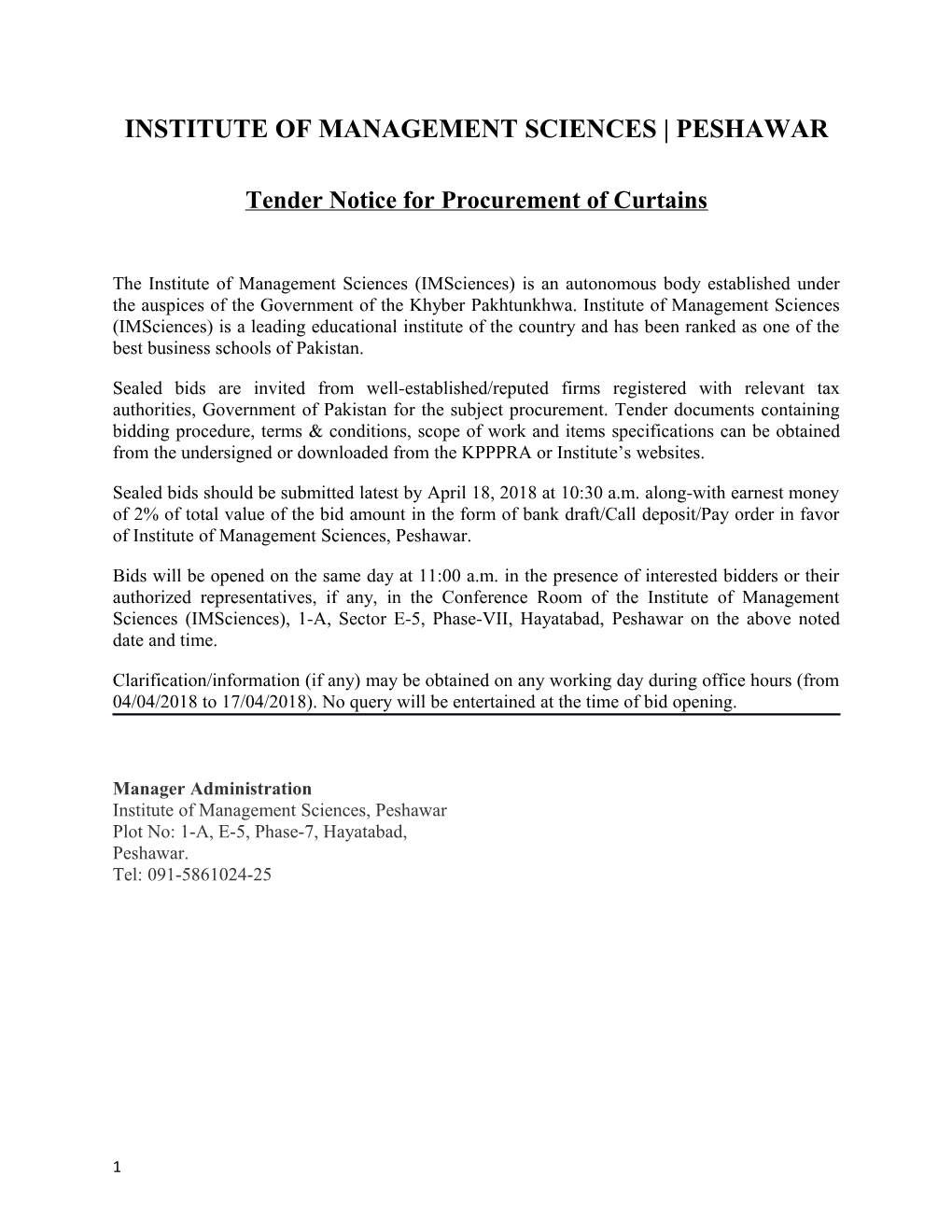 Tender Notice for Procurement of Curtains