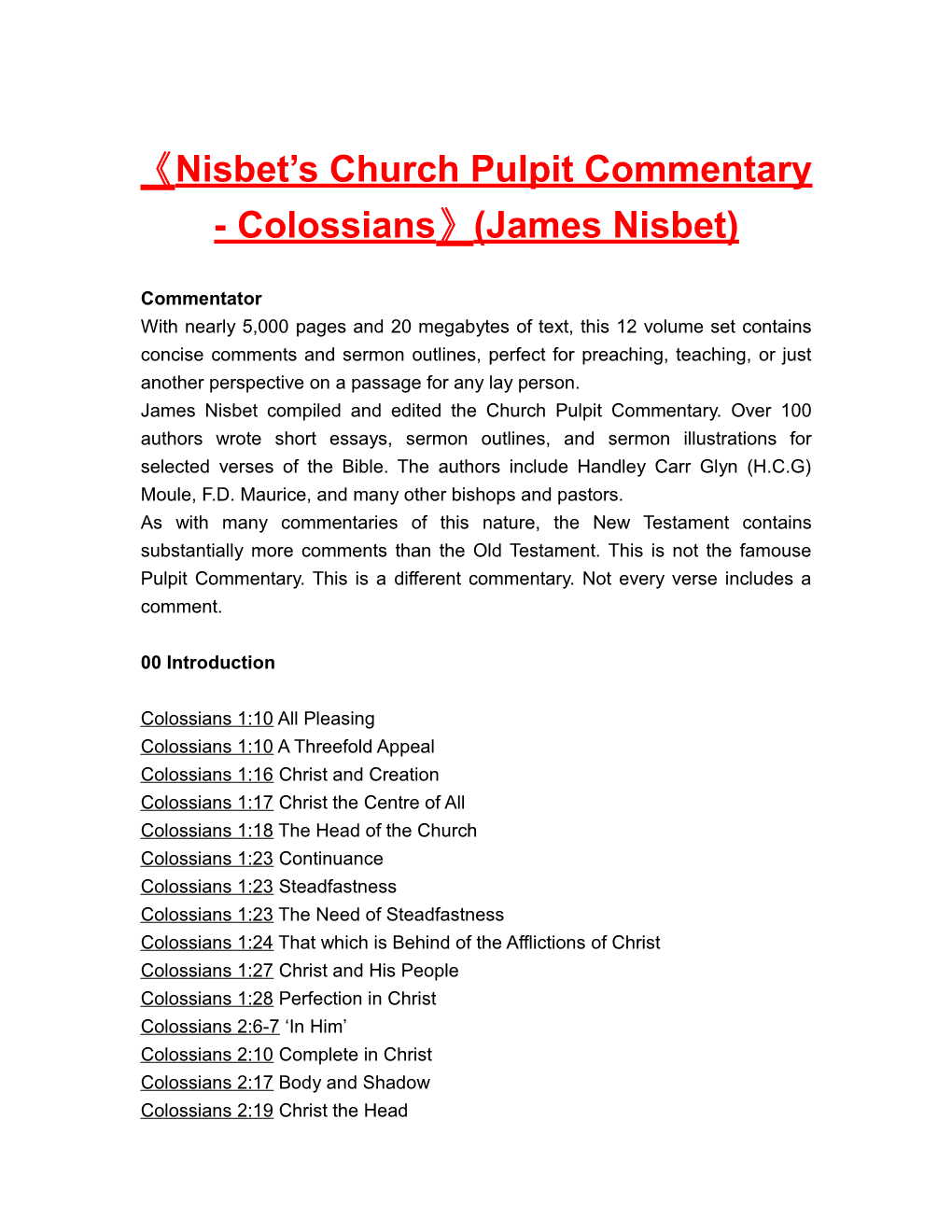 Nisbet S Church Pulpit Commentary - Colossians (James Nisbet)