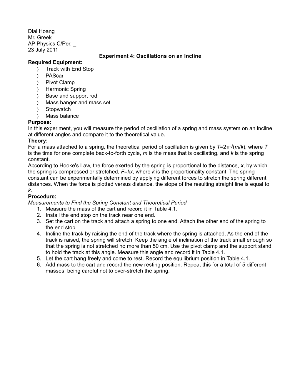 Experiment 4: Oscillations on an Incline