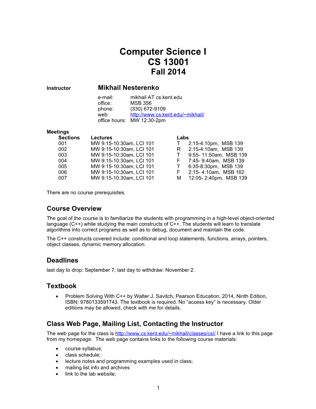 Computer Science ICS 13001Fall 2014