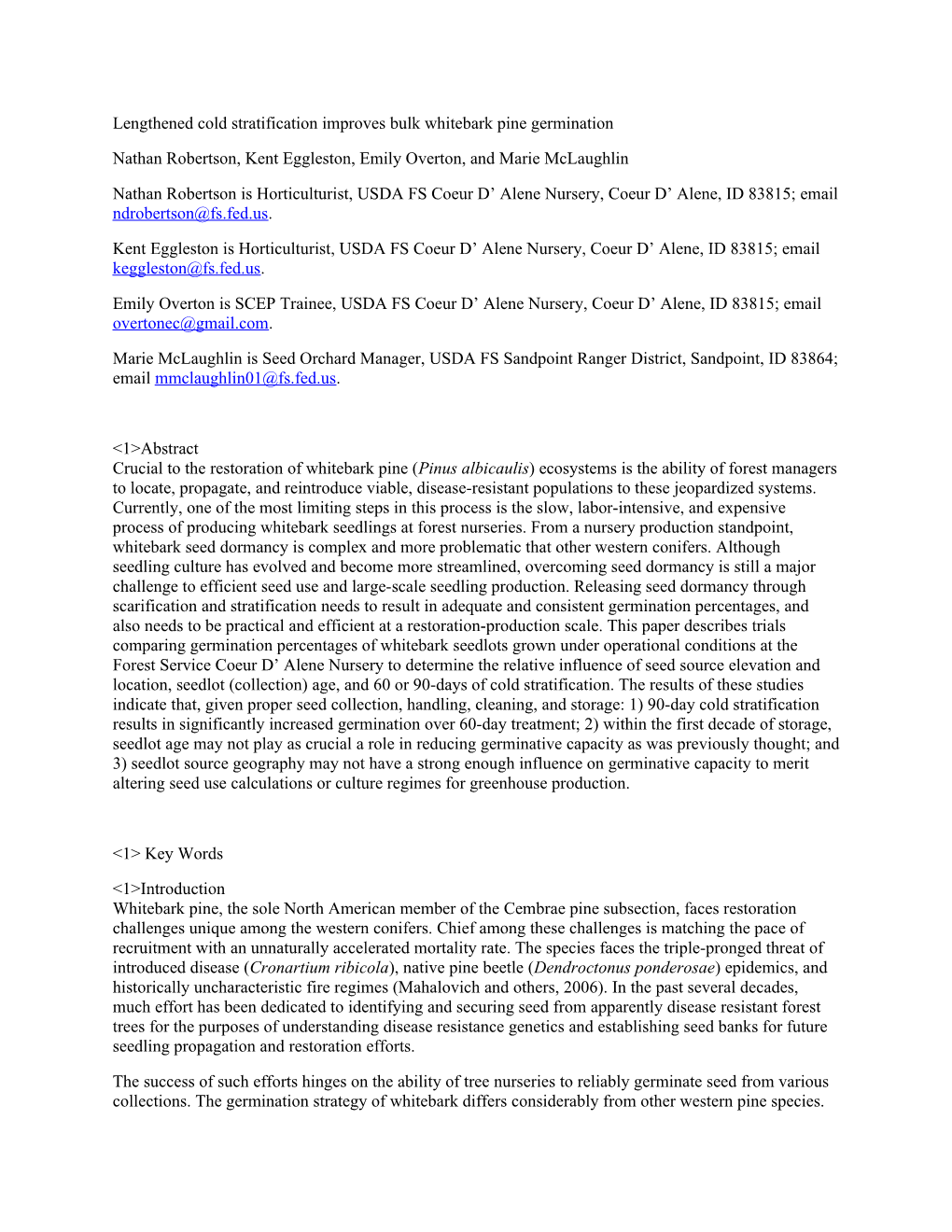 Lengthened Cold Stratification Improves Bulk Whitebark Pine Germination