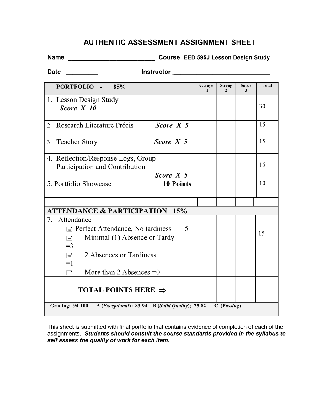 Authentic Assessment Assignment Sheet