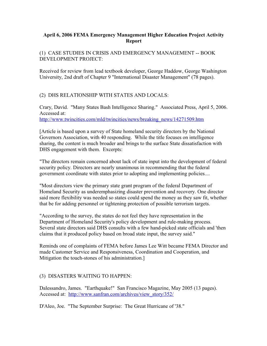 April 6, 2006 FEMA Emergency Management Higher Education Project Activity Report