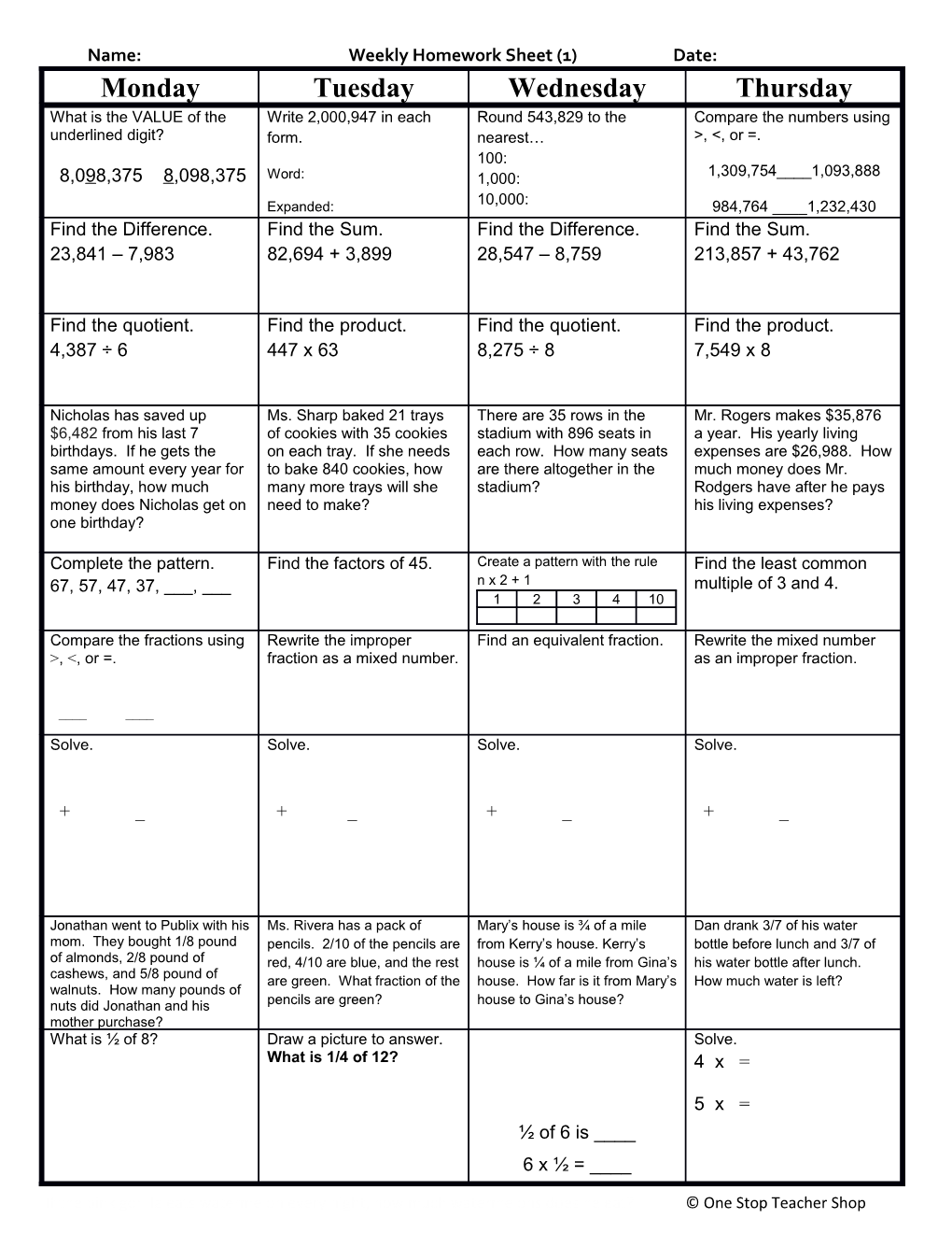 Weekly Homework Sheet s6