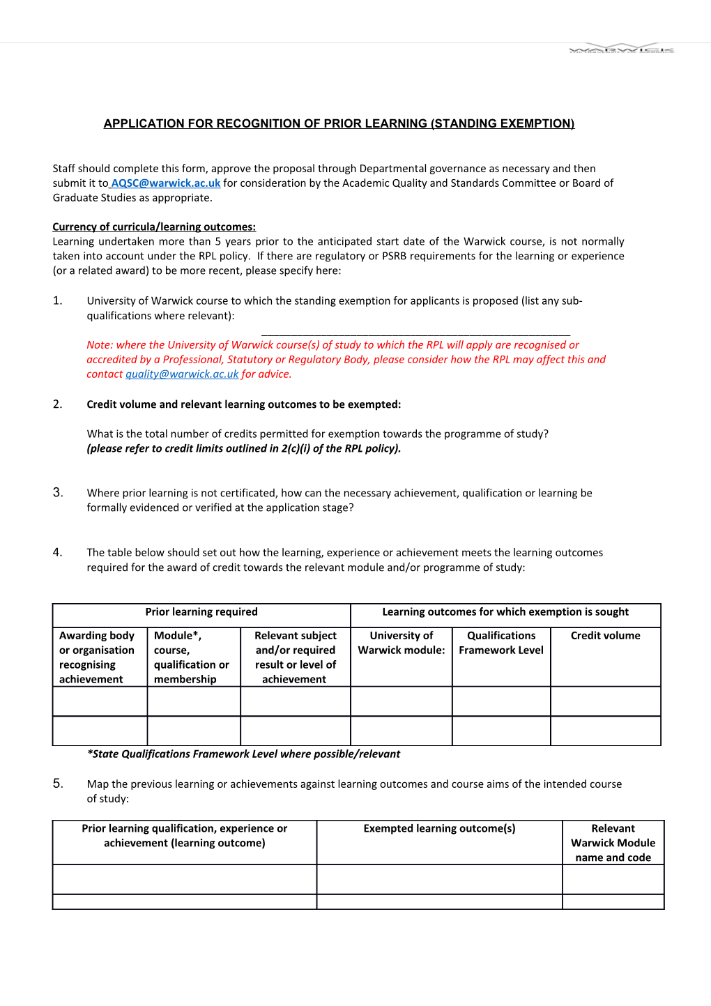 Application for Recognition of Prior Learning (Standing Exemption)