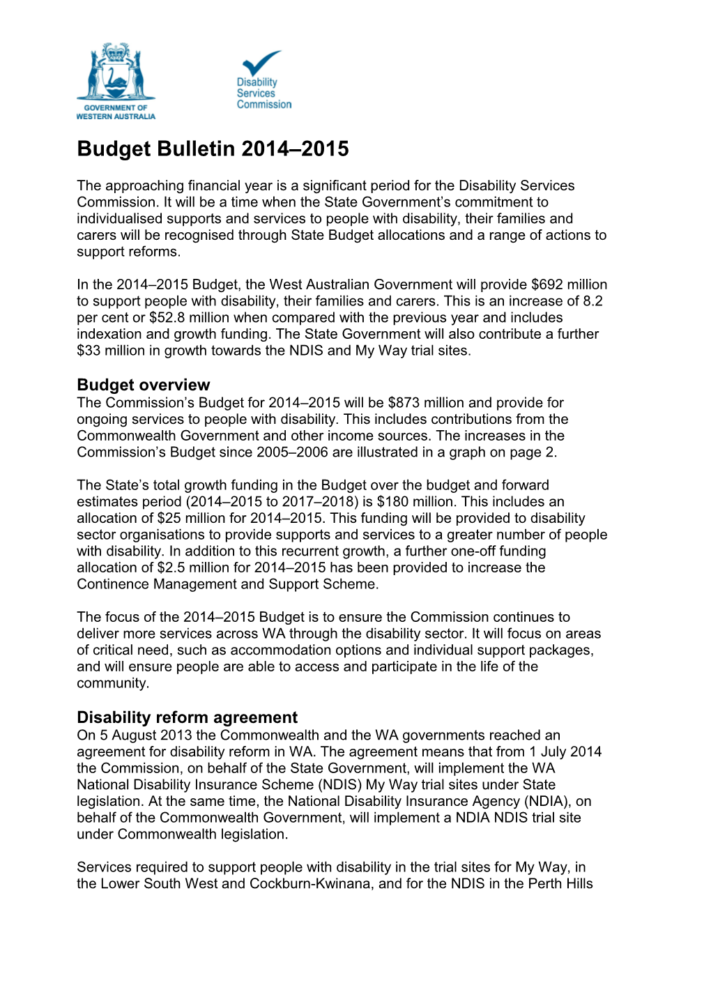 Disability Services Commission Budget Bulletin 2014 2015