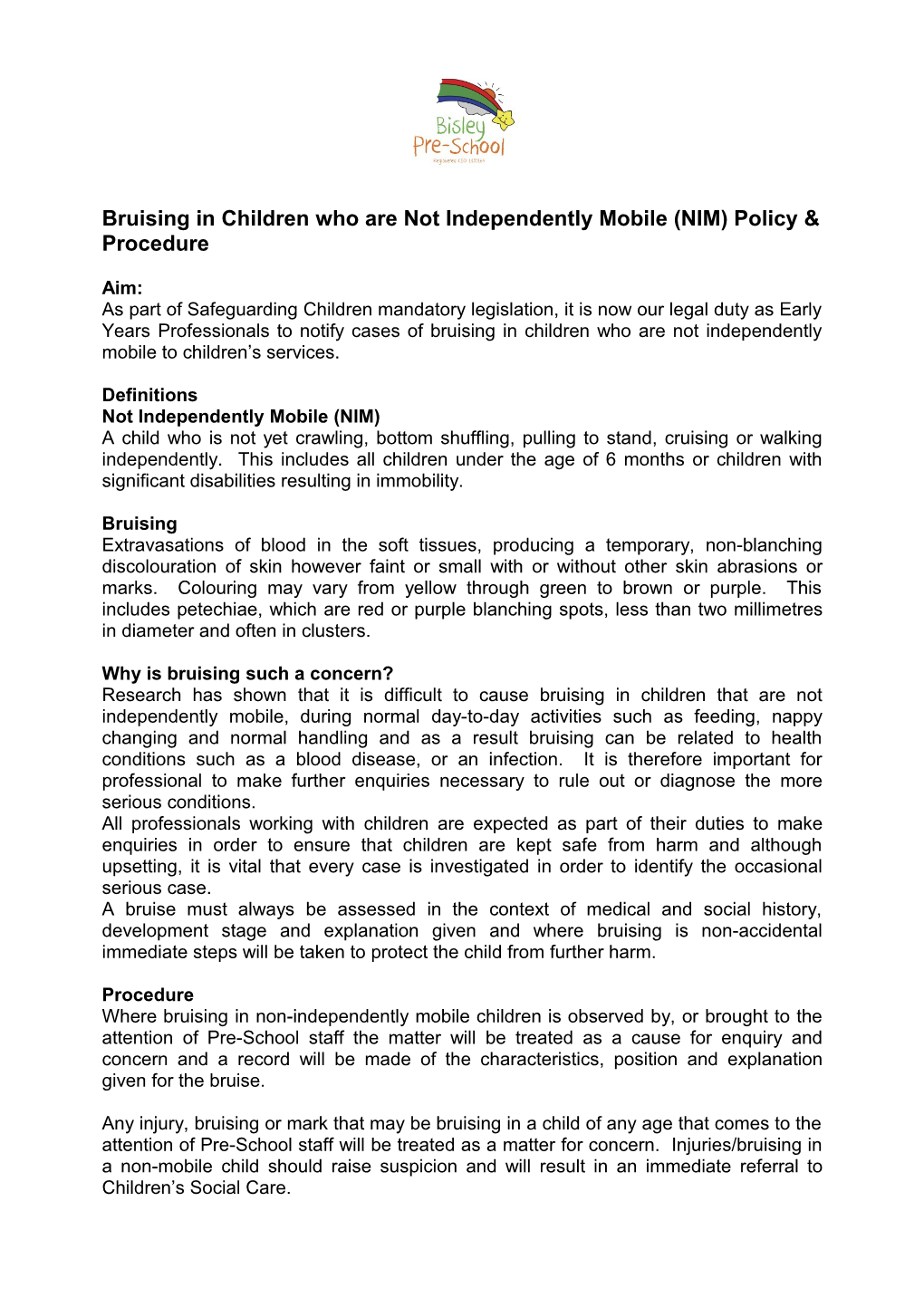 Bruising in Children Who Are Not Independently Mobile (NIM) Policy & Procedure