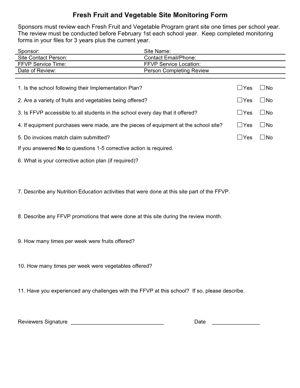 Fresh Fruit and Vegetable Monitoring Form