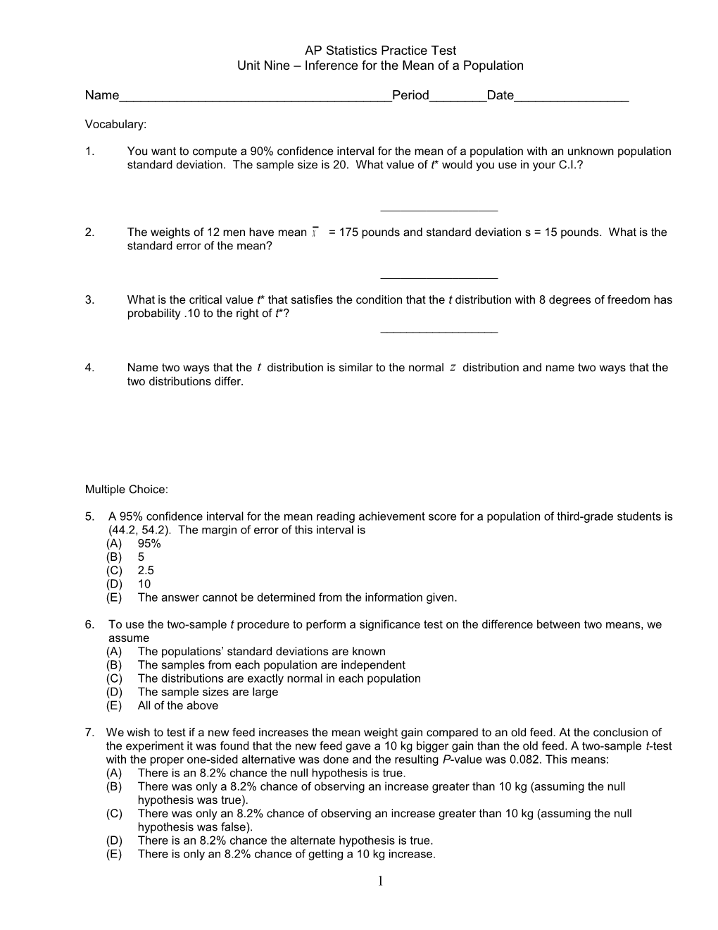 AP Statistics Practice Test