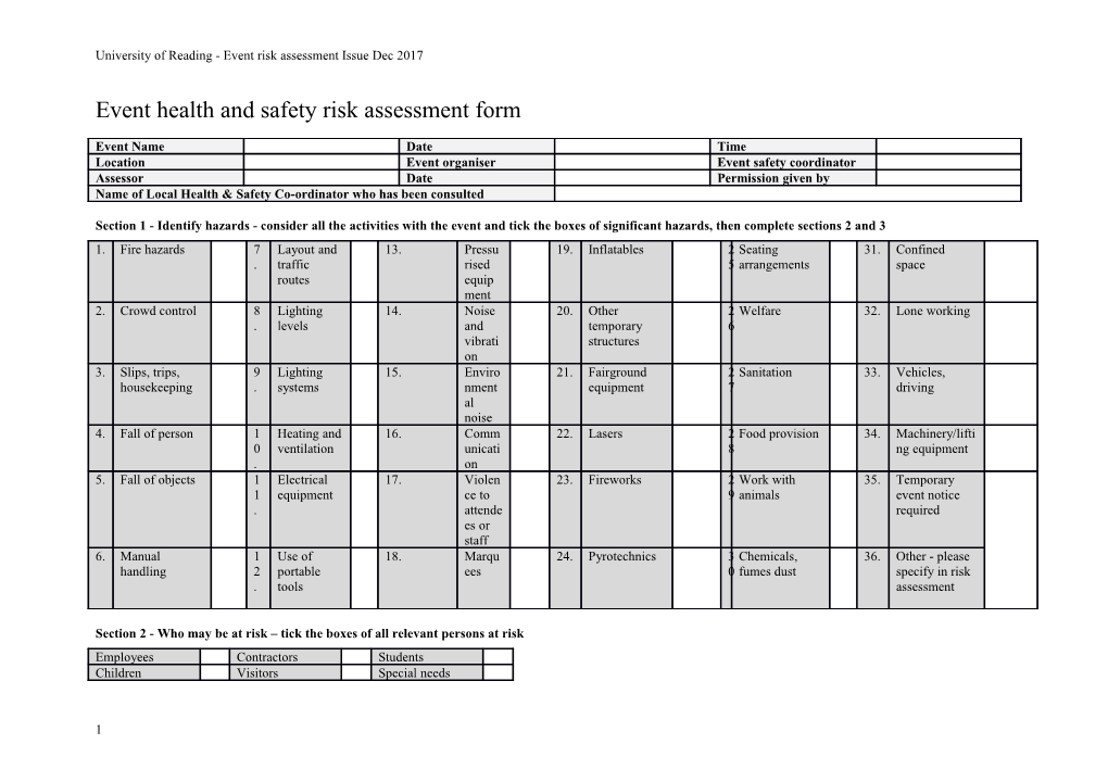 Event Health and Safety Risk Assessment Form