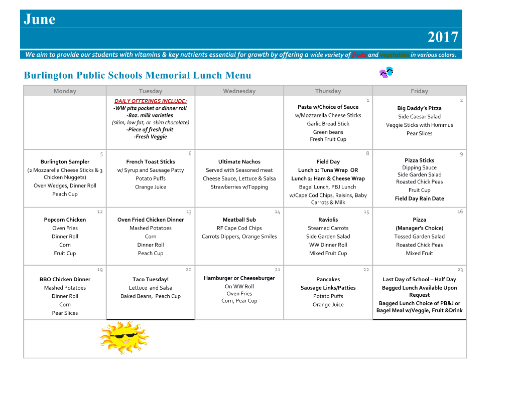 Burlington Public Schools Memorial Lunch Menu