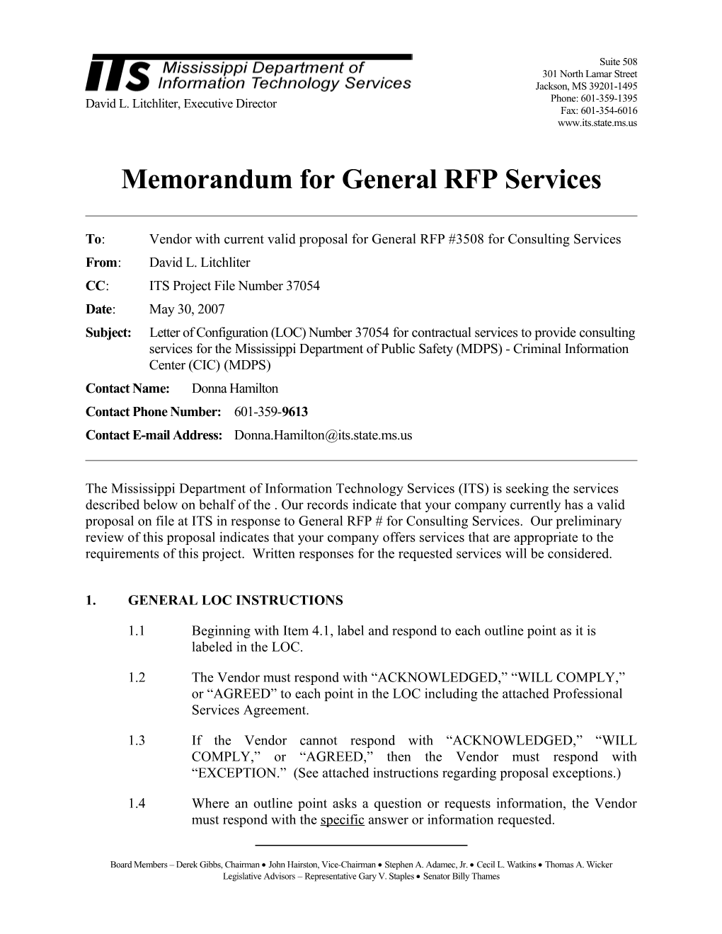 Memorandum for General RFP Configuration