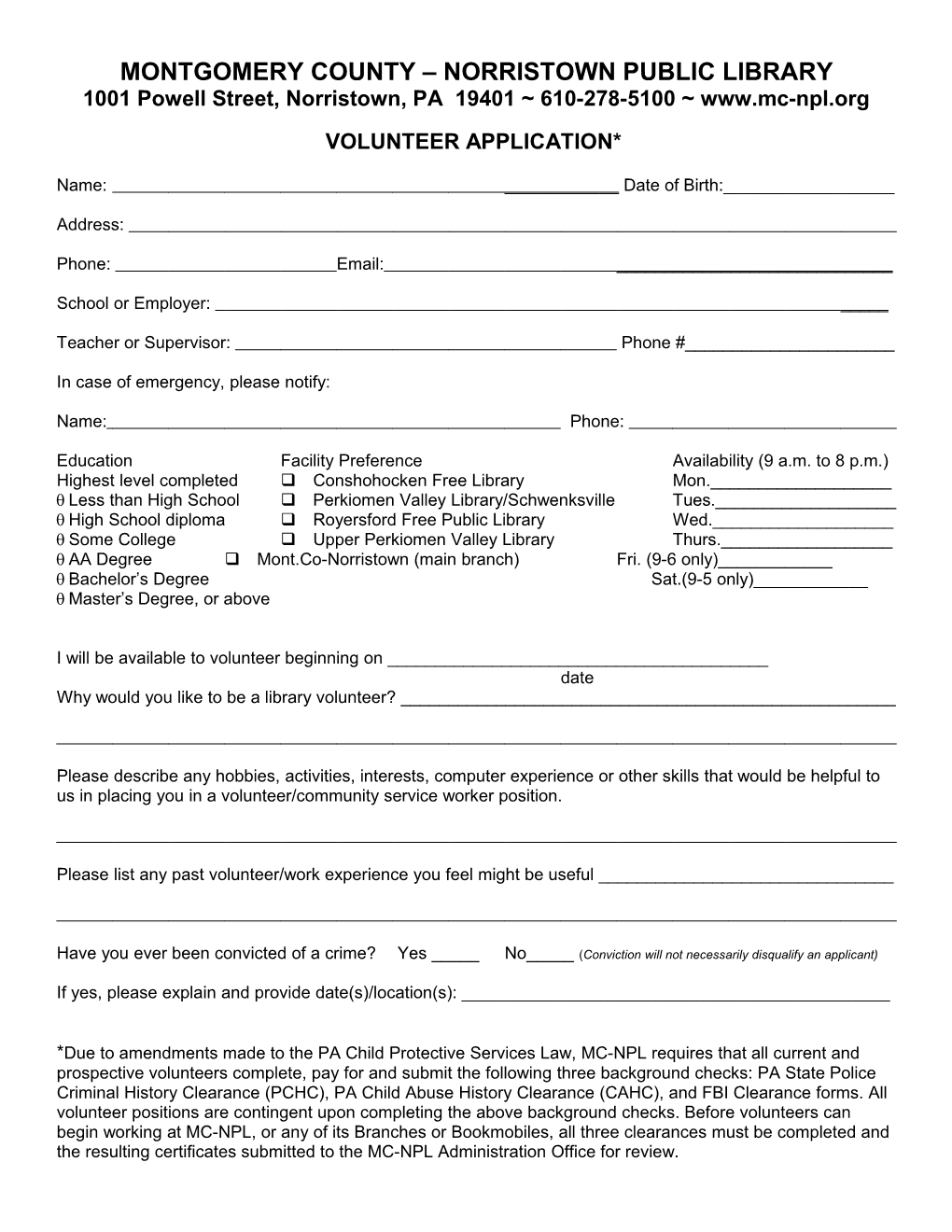 Volunteer Application & Agreement