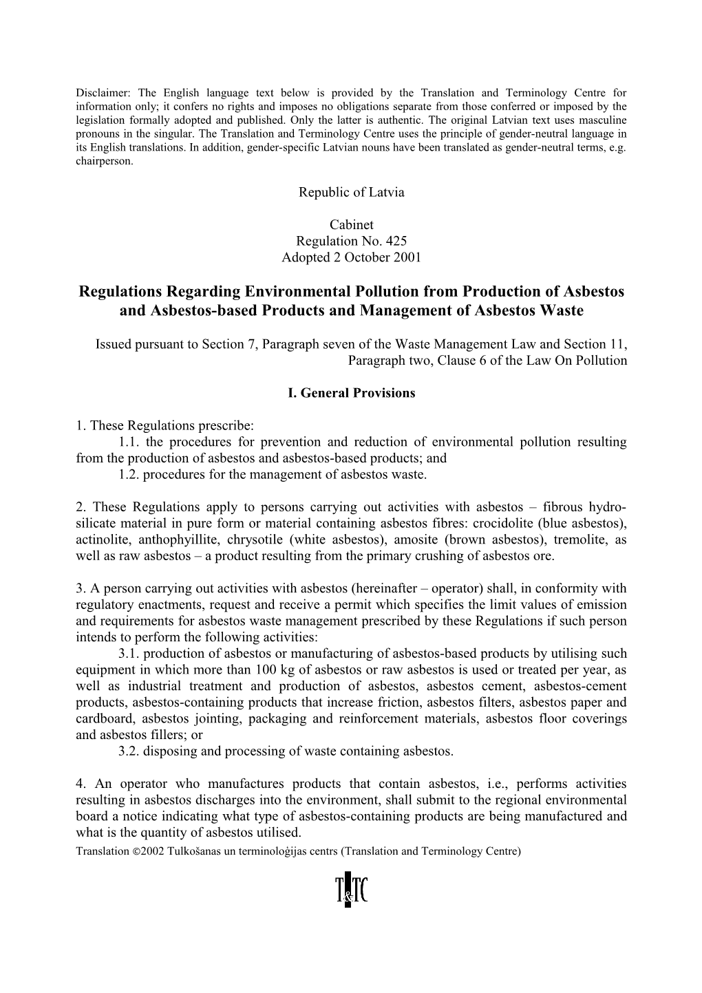 Regulations Regarding Environmental Pollution from Production of Asbestos and Asbestos-Based