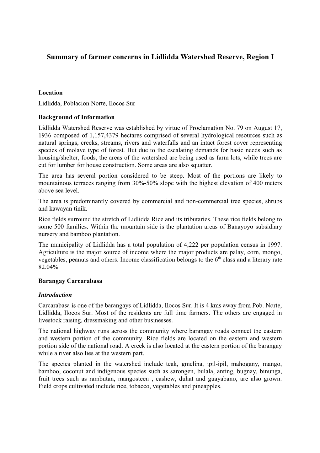 Summary of Farmer Concerns in Lidlidda Watershed Reserve, Region I