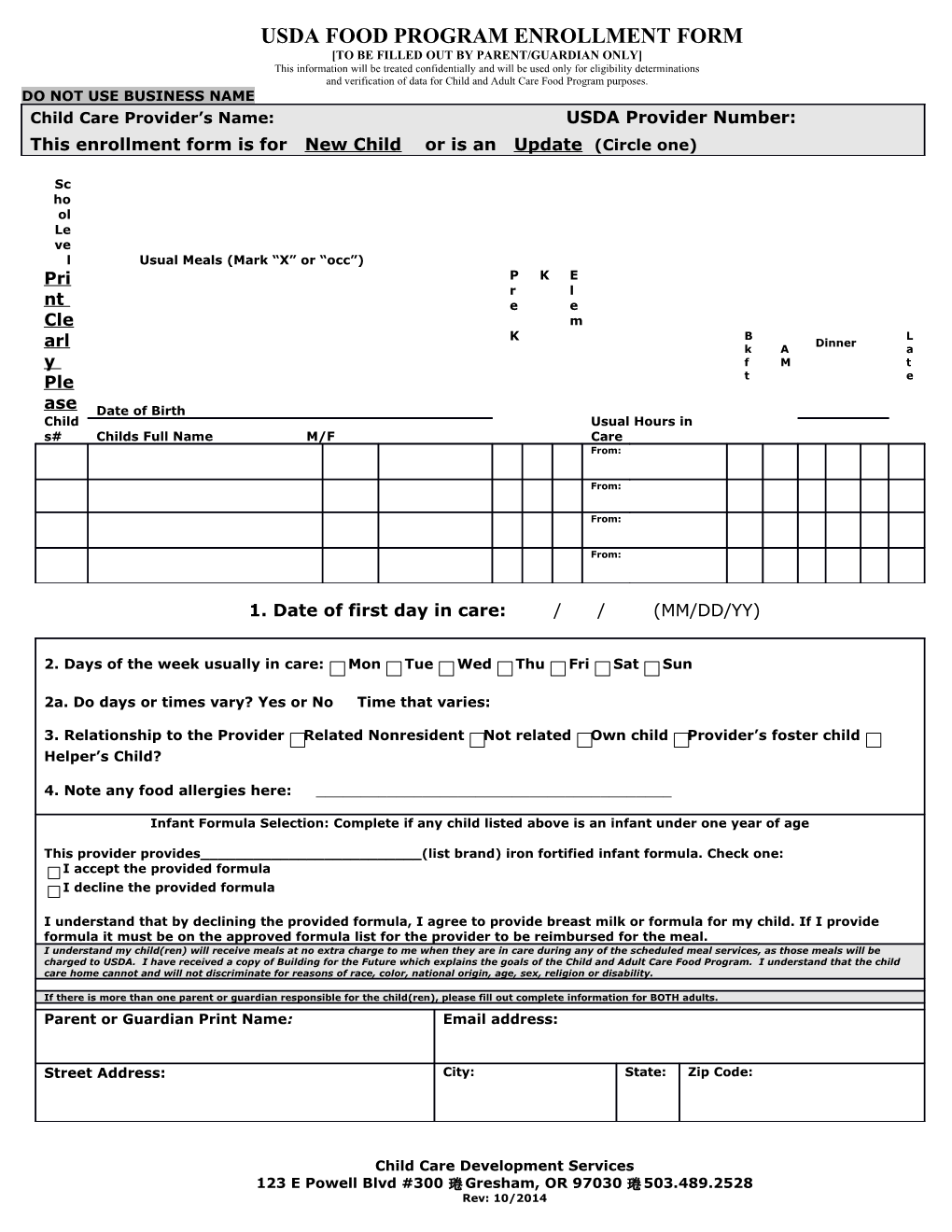 Usda Food Program Enrollment Form