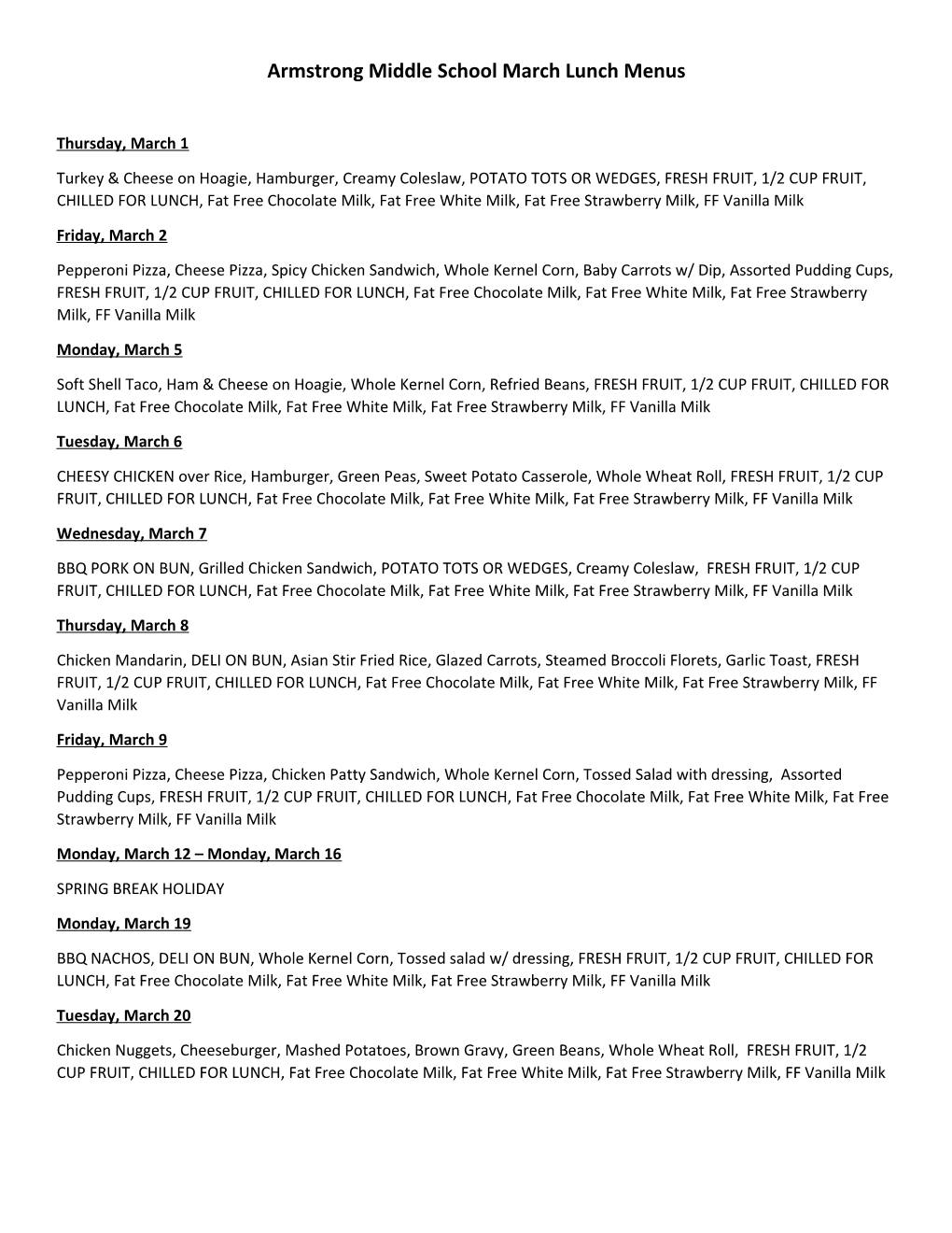 Armstrong Middle School March Lunch Menus