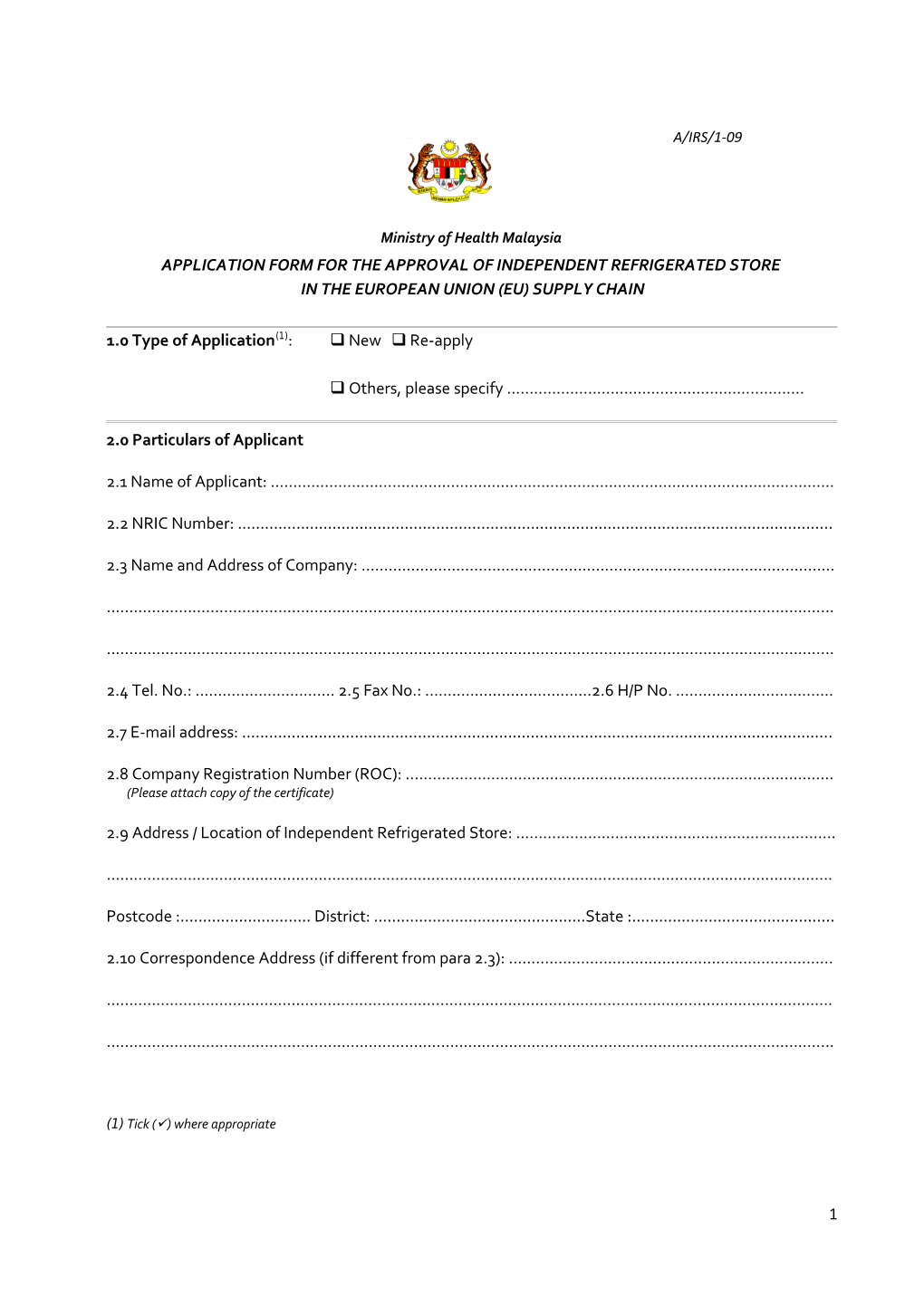 Application Form for the Approval of Independent Refrigerated Store