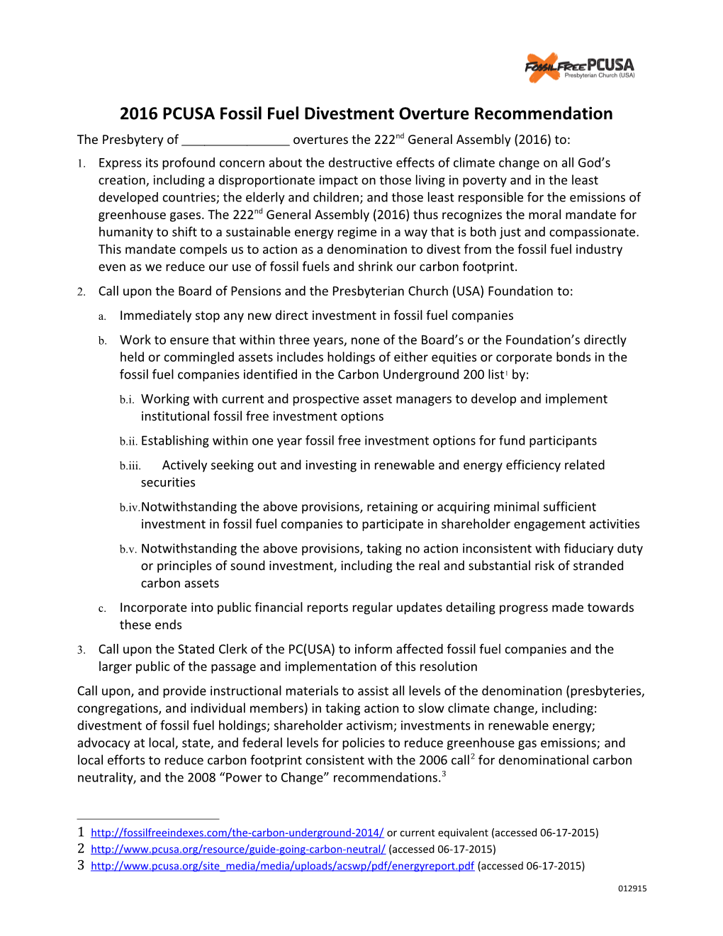 2016 PCUSA Fossil Fuel Divestment Overture Recommendation